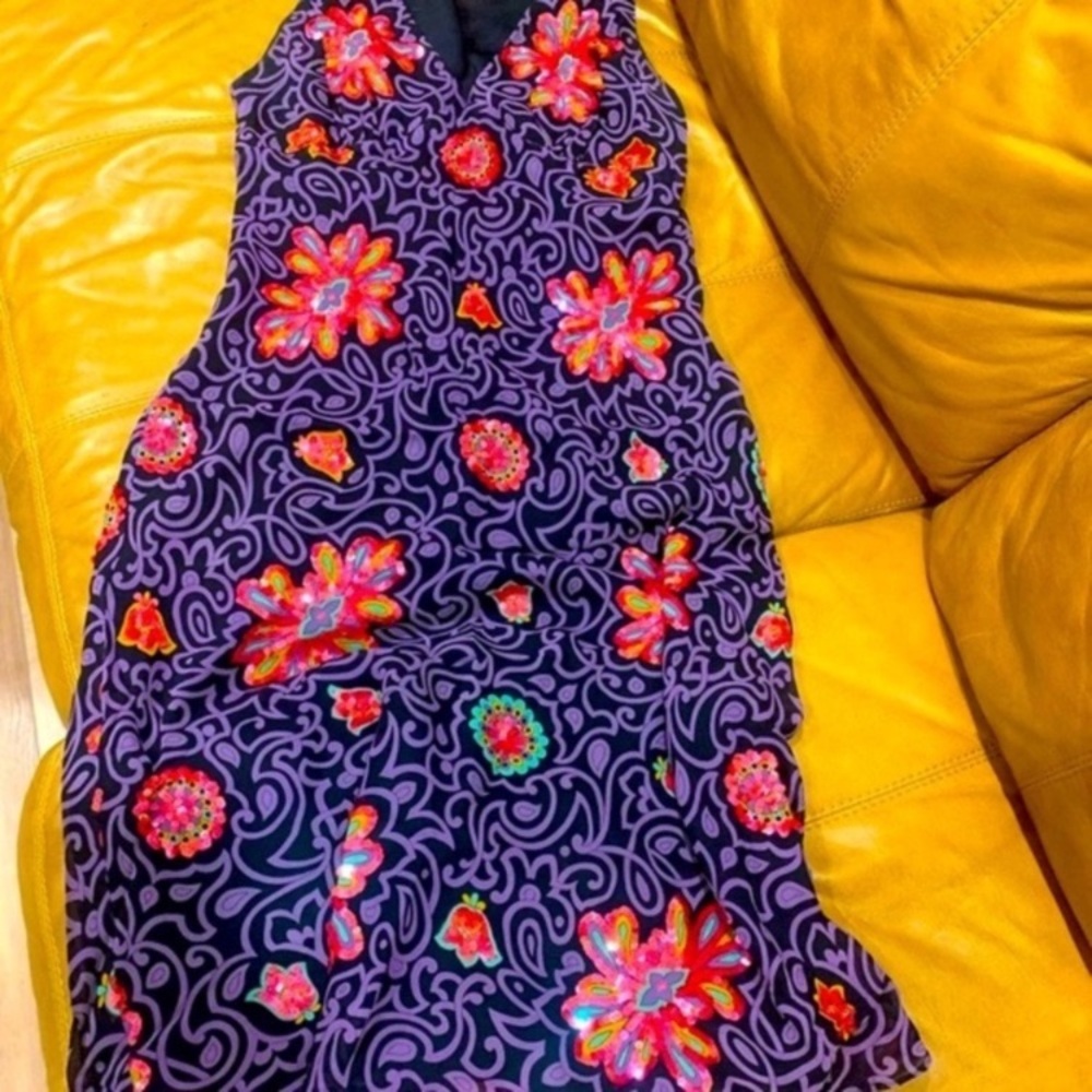 NICOLE MILLER COLLECTION Vibrant Red and Purple Fiber Art Party Dress